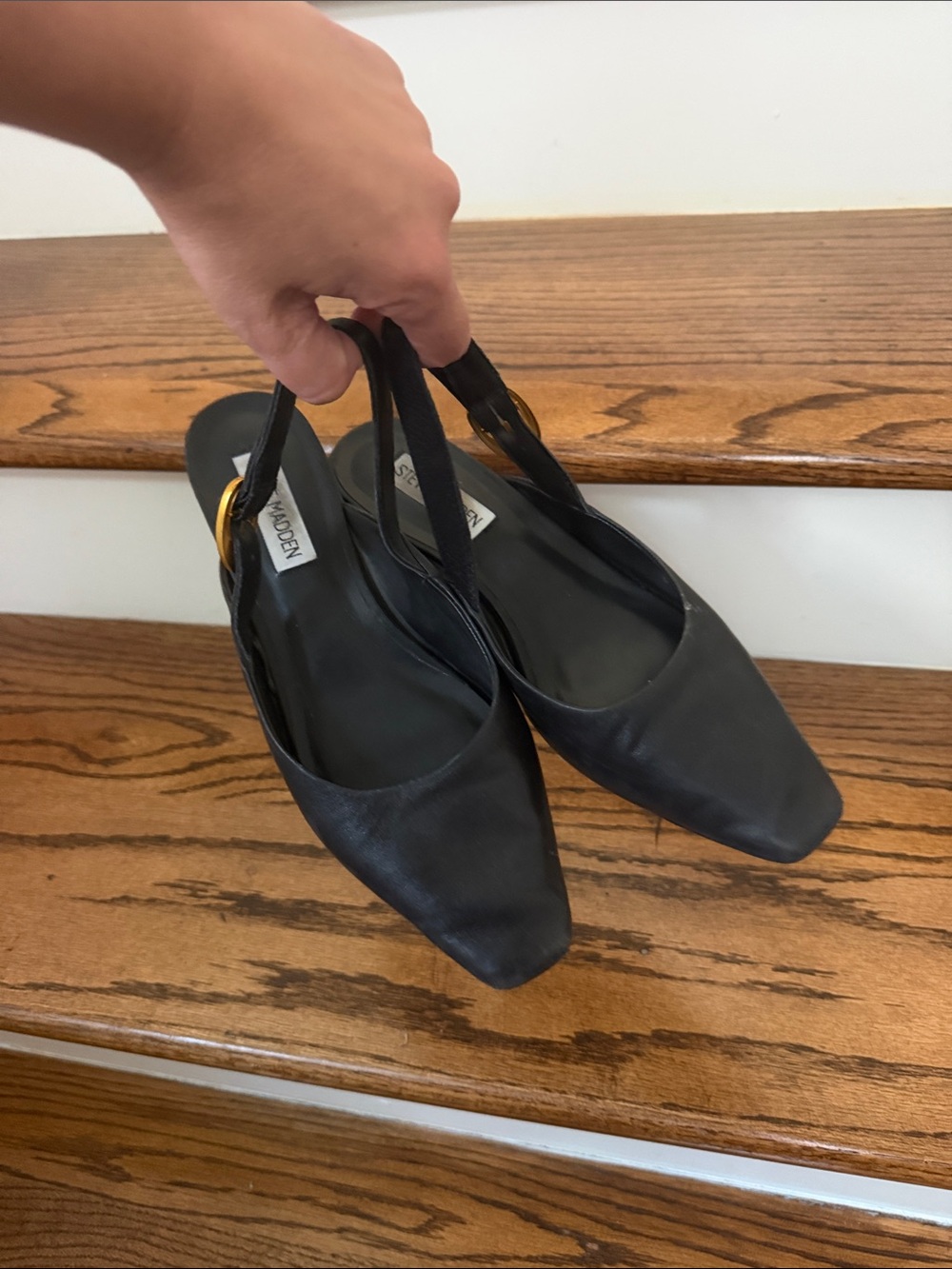 Steve Madden Black Leather Slingback Mules with Gold Buckle